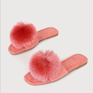 Tiffani Coral Pink Suede Fringe Pom Pom Slide Sandals